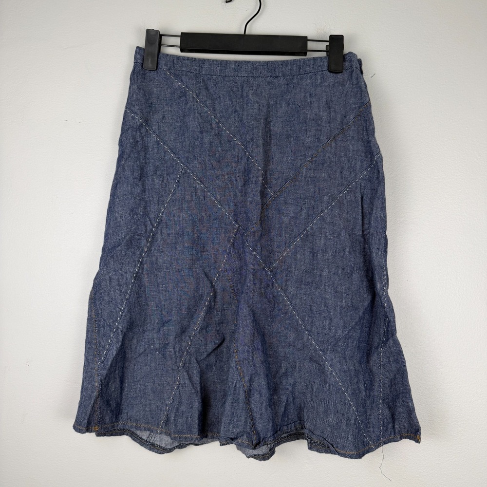 CAbi Patchwork A-line Skirt Women's 0 Blue 100% Linen Modern Side-Zip Casual